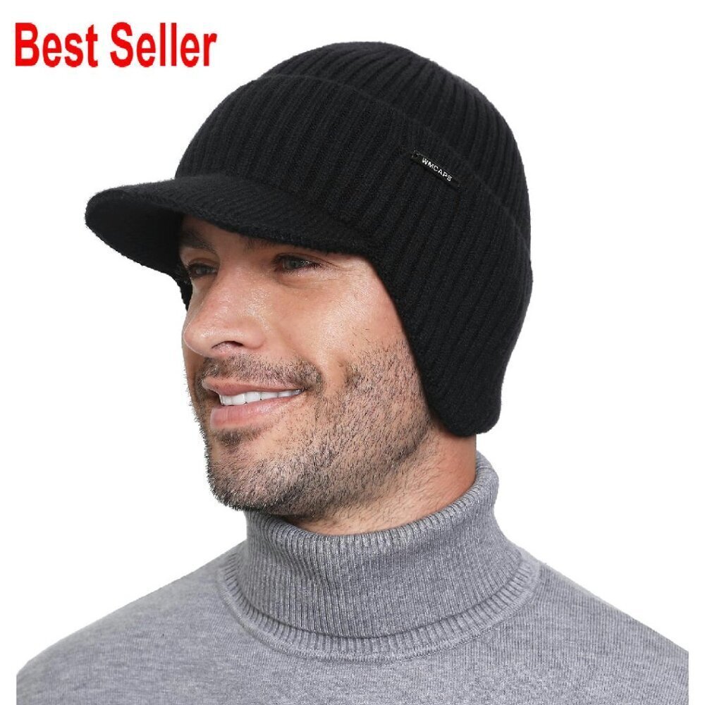 Winter Beanie with Brim Ear Flaps Fleece Lined Knit Hat Outdoor Adventure